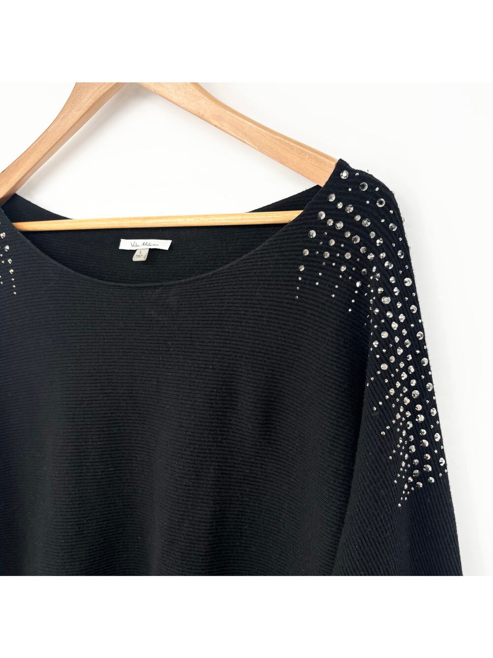 Vila Milano Studded Black Crystal Shoulder Ribbed Stretch Top Size L
